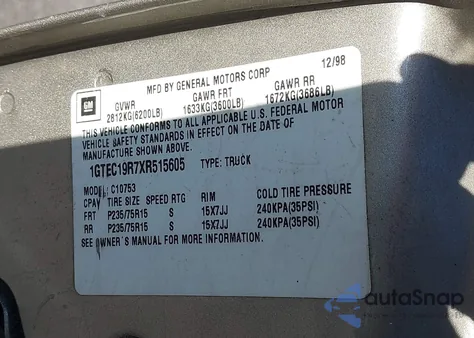 1999 GMC Sierra 1500 Sle z USA, uszkodzony, nr VIN 1GTEC19R7XR515605